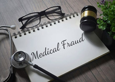 Notebook 'Medical Fraud' with stethoscope, glasses, gavel, symbolizing healthcare fraud legal issues.