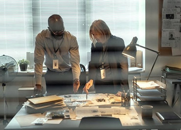 Two investigators reviewing documents on a desk, symbolizing a federal investigation.