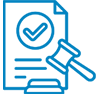 Blue outline icon of a legal document with a checkmark and a gavel, representing compliance matters.