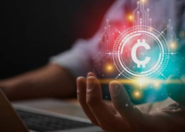 Hand extended towards a glowing cryptocurrency symbol, signifying digital currency and investment.