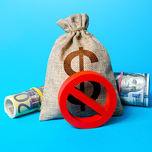 Money bag with dollar sign and red 'no' symbol, currency rolls, symbolizing seizure prevention.