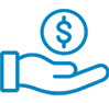 Blue outline icon of a hand holding a dollar coin, symbolizing financial crimes.