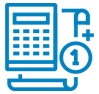 Blue outline icon of a calculator with a "P+" and an "!" icon, representing fraud.