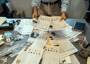 Hands holding documents over a desk piled with papers, symbolizing investigation or legal review.
