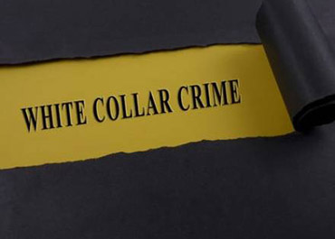 Torn paper revealing 'WHITE COLLAR CRIME' on a yellow background, symbolizing hidden offenses.