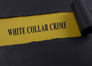Torn black paper reveals 'WHITE COLLAR CRIME' on yellow, symbolizing hidden financial offenses.