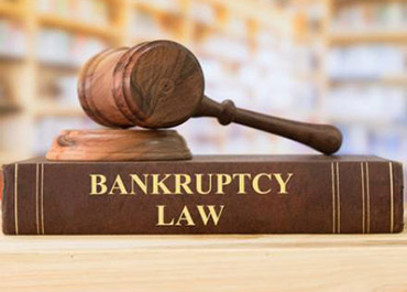 Gavel rests on a book titled 'BANKRUPTCY LAW', symbolizing legal proceedings.