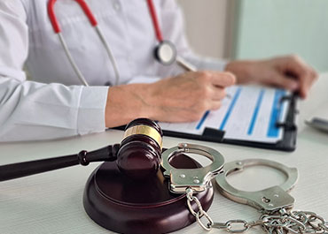 Gavel and handcuffs on medical documents for healthcare fraud and malpractice litigation.